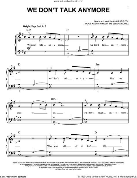 They still love eachother while they don't wanna talk again to keep forward to what will they have after break up. Gomez - We Don't Talk Anymore sheet music for piano solo PDF