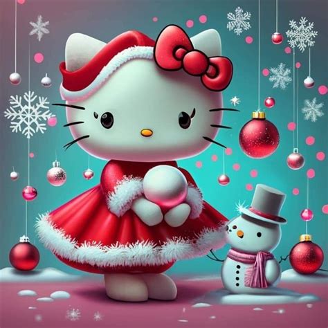 a hello kitty christmas card with a snowman