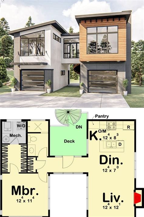 Contemporary Carriage Home Floor Plan Connects Two Sections With Upper Story Walkway Carriage