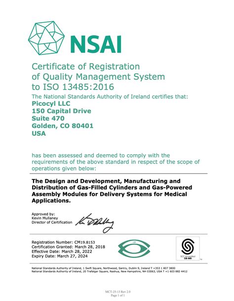 Nsai Certificate Of Registration Of Quality Management System Picocyl