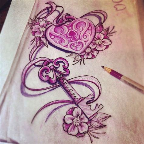 Cool Heart Lock With Key And Name Banner Tattoo Design For Leg