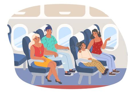 Passengers Sitting Inside Aircraft Flat Vector Illustration Travel By