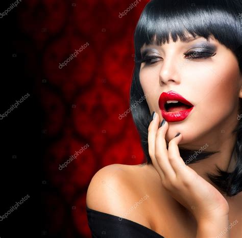 Beautiful Brunette Girl Portrait Makeup Sensual Red Lips Stock Photo
