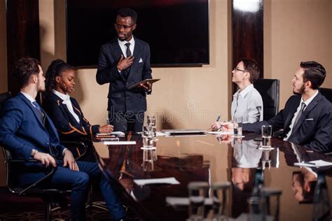 Black Leader Business People Giving Speech Conference Room Stock Photos