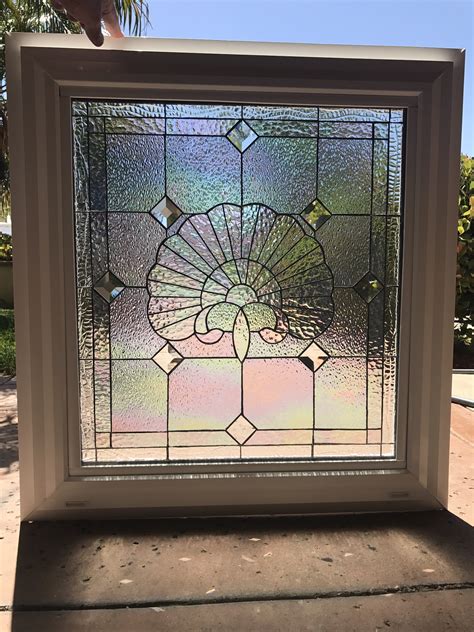Vinyl Framed And Tempered Glass Insulated Iridescent Scallop Seashell Stained Glass And Beveled