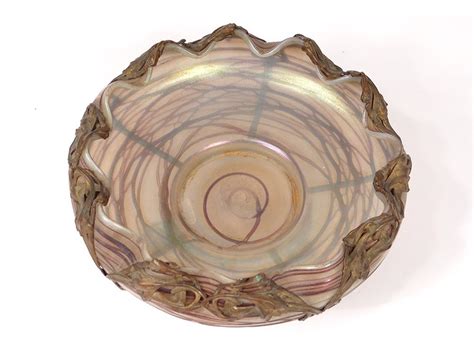 Iridescent Glass Bowl Brass Loetz Pallme König Bohemia Austria Art