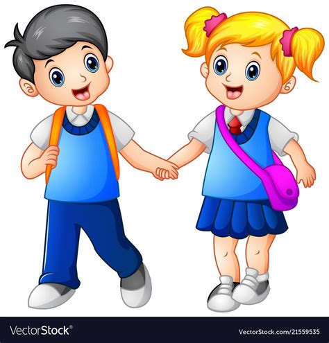Illustration Of Cartoon Girl And Boy Go To School Together Download A