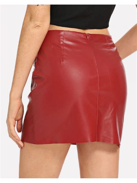 Womens Casual High Waist Zip Detail Red Leather Skirt