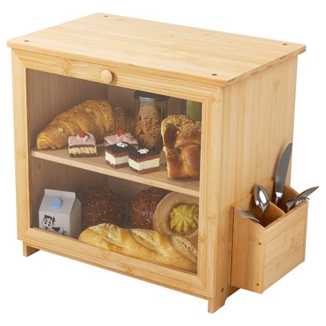 Buy Bamboo Bread Box 2 Layer Kitchen Countertop Bread Bin Cake Box