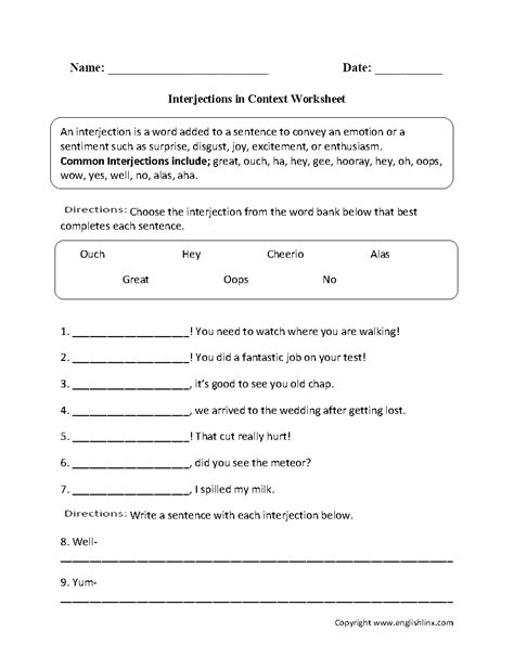 Interjections In Context Worksheet Interjections Worksheets