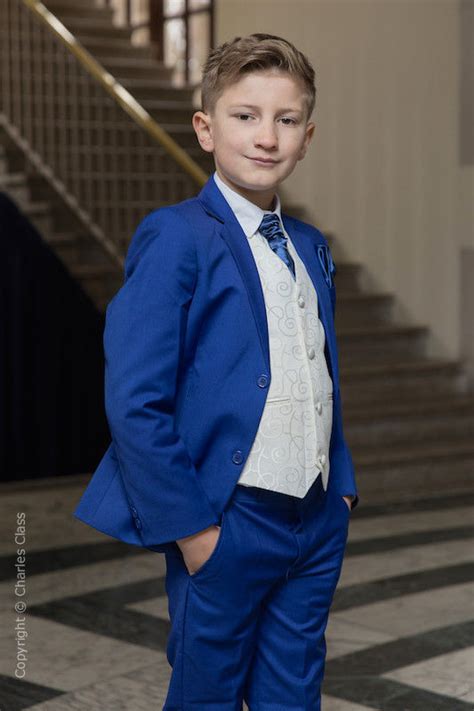 You can choose black or red. Boys Electric Blue Ivory Suit with Navy Cravat | Boys ...