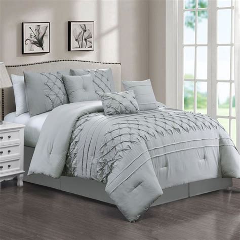 7 Piece Grey Pinch Pleated Premium Comforter Set Queen Comforter