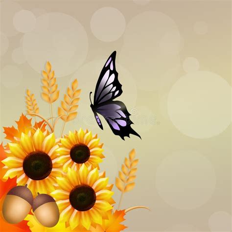 Sunflowers Butterfly Sky Cloud Landscape Stock Vector Illustration Of