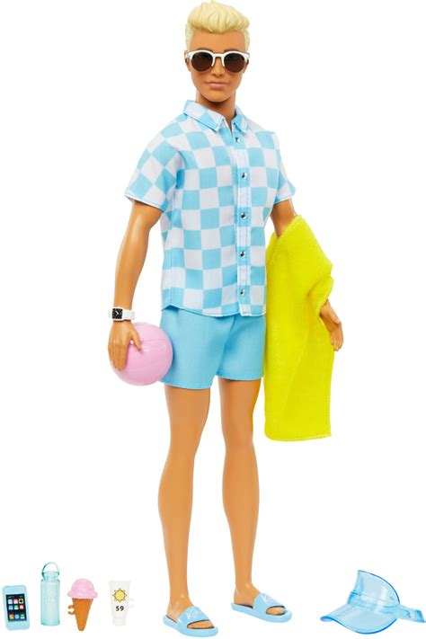 Mattel Blonde Ken Doll With Swim Trunks And Beach Themed Accessories