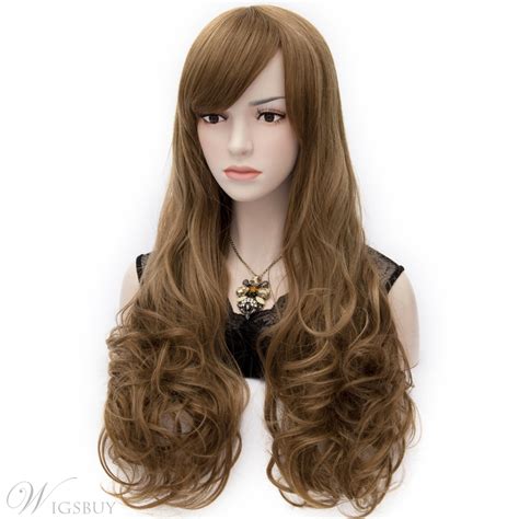 The side part and long bangs also enhance the curves of the jawline. Fashionable Natural Long Curly Brown Hair Cosplay Wig 28 ...
