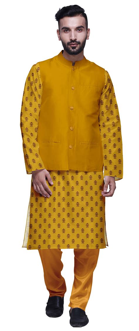 Atasi Printed Kurta With Solid Pajama Nehru Jacket Set For Mens Party