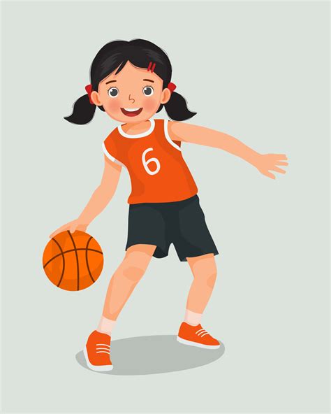 Cute Little Girl With Sportswear Playing Basketball Dribbling The Ball