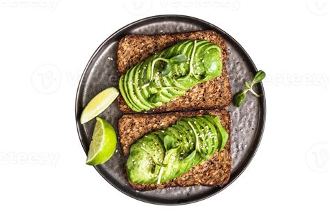 Black Plate With Toast And Avocado Slices Isolated On A Transparent