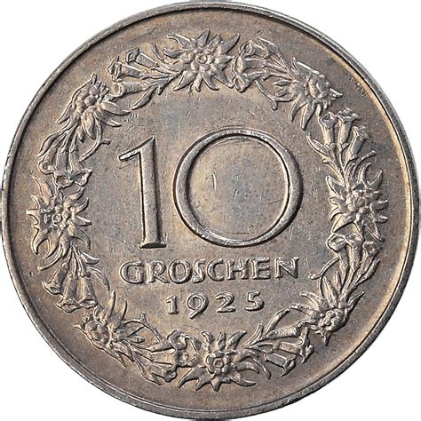 Coin Austria 10 Groschen 1925 Ms63 Copper Nickel Km2838