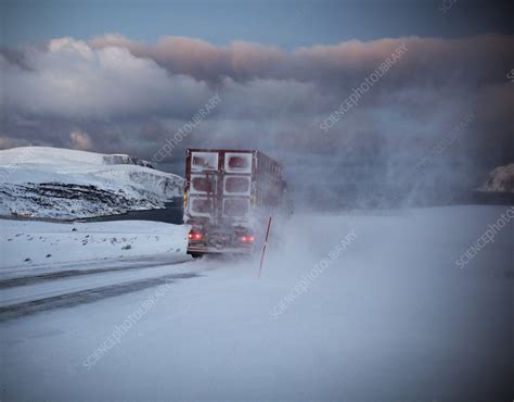 Truck Driving Snow Covered Road Finnmark Norway Stock Image F021