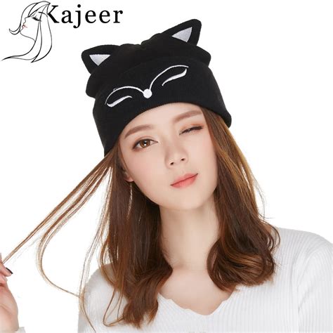 Kajeer Female Winter Caps Hats Cotton Black Sexy Fox Ears Hat Caps Warm