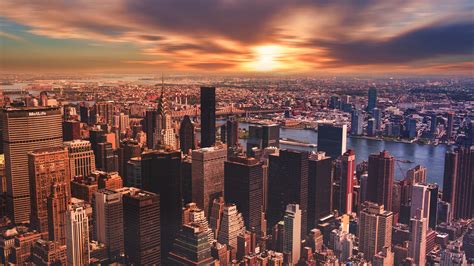 New York Skyscrapers Sunset Metropolis 4k