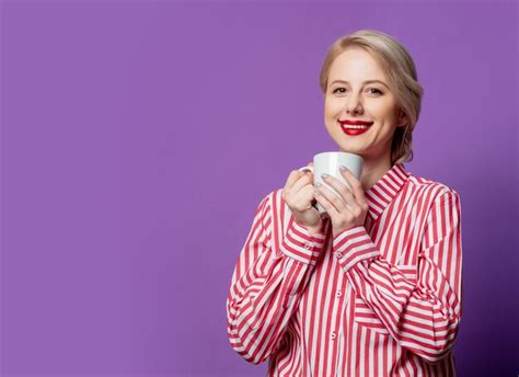 Premium Photo Beautiful Woman In Red Striped Shirt With Cup Of Coffee