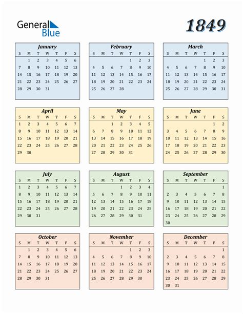 Calendar For Year 1849
