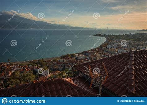 Picturesque Cityscape With The Sea In Nafpaktos And Bridge In Patras In