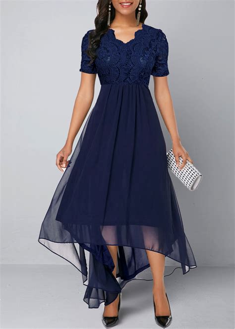 Chiffon Lace Stitching Asymmetric Hem Navy Blue Dress Rosewe Com