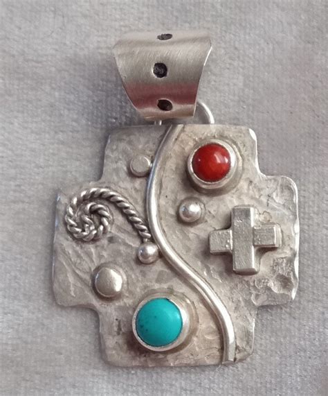 Nakai Indian Sterling Silver Turquoise And Coral Vintage Pendant 1 X 1