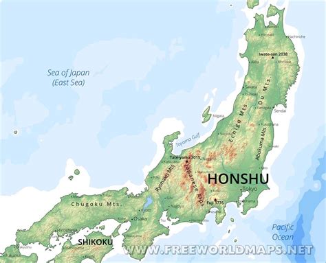 All regions, cities, roads, streets and buildings satellite view. Honshu Physical Map