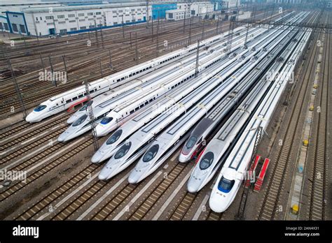 An Aerial View Of High Speed Trains Parking At Wuhan Railway Station