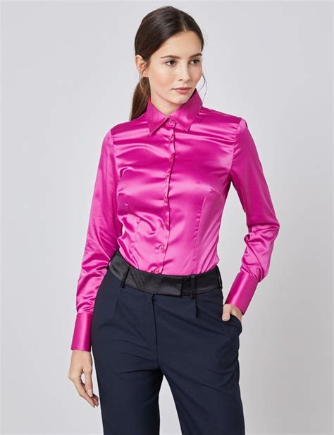 Womens Hot Pink Fitted Satin Shirt Single Cuff Hawes And Curtis Satin Blouses Shirt Blouses