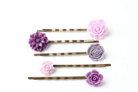 Purple Flower Hair Pins Rose Hair Pins Set Of 5 Purple Hair Etsy