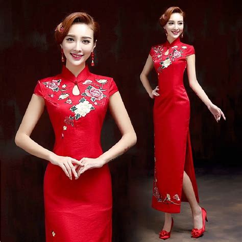 embroidery flower cheongsam dresses satin oriental dresses beautiful elegant high slit red long