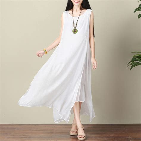 Summer Women Cotton Linen Tank Dress Vintage Loose White Color