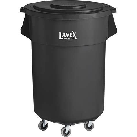 Lavex 55 Gallon Black Round Commercial Trash Can With Lid And Dolly