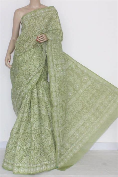 Menhdi Green Allover Hand Embroidered Lucknowi Chikankari Saree With
