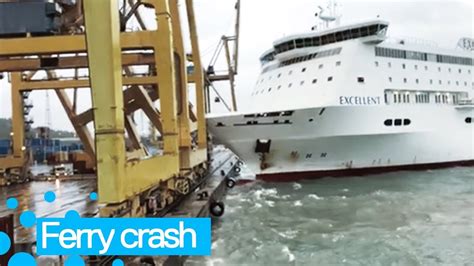 Ferry Smashes Into Barcelona Dock Giant Crane Falls Over Youtube