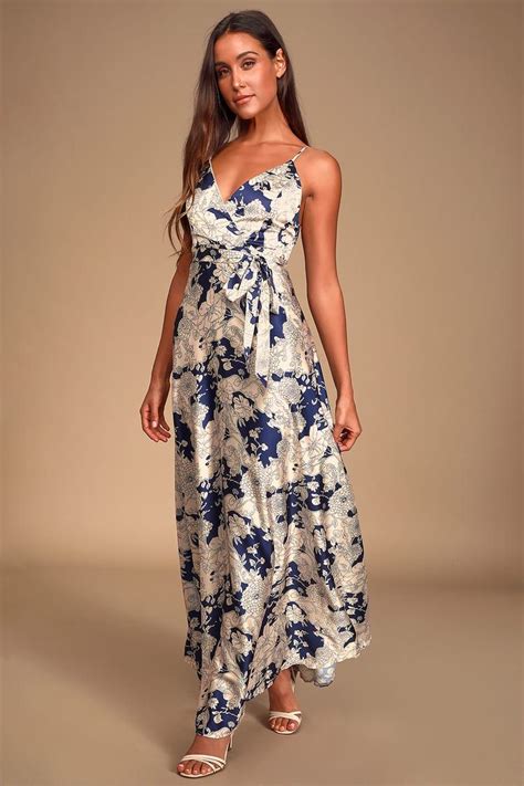 Tea Gardens Navy Blue Floral Print Satin Maxi Dress In 2020 Dresses