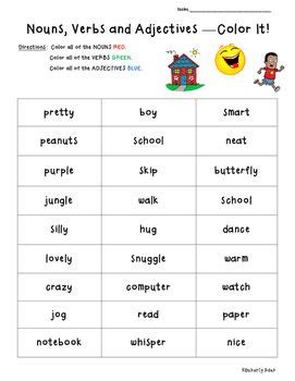 Read the sentences and circle the nouns: Worksheet Nouns Verbs And Adjectives | schematic and ...