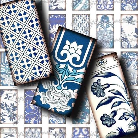 Asian Blue Porcelain 3 Digital Collage Sheet Dominos 1x2 Inch Or