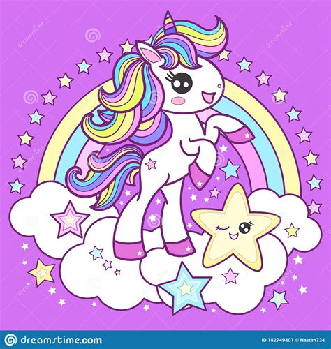Cute Cartoon Unicorn On A Rainbow Background Children`s Illustration
