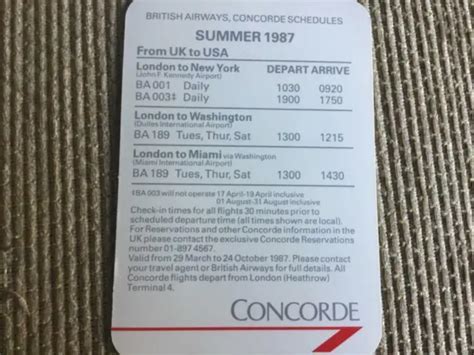 British Airways Concorde Schedule Timetable Summer 1987 Usa Uk And Uk