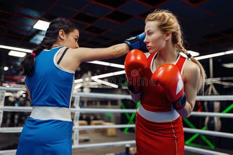 Women In Gloves Boxing On The Ring Box Workout Stock Image Image Of Female Athletic 181629477