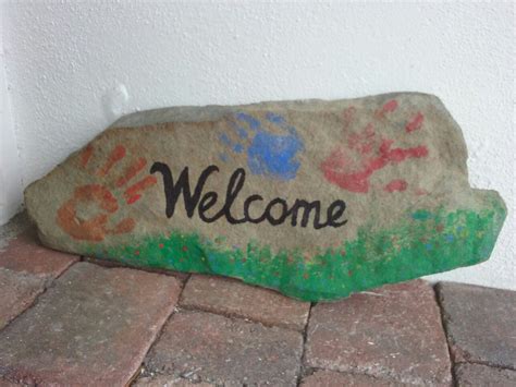 Stone Welcome Sign With Kids Handprints Handprint Crafts Crafts