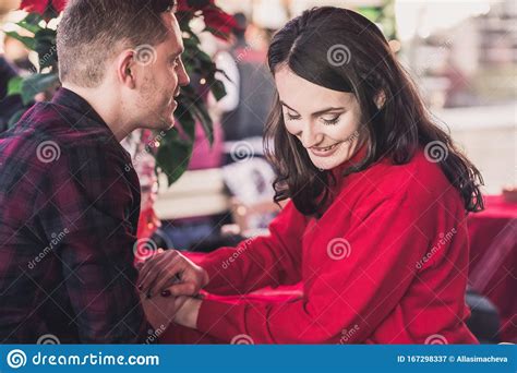 Couple In Love In A Cafe Talking Ready For A Kiss Stock Image Image