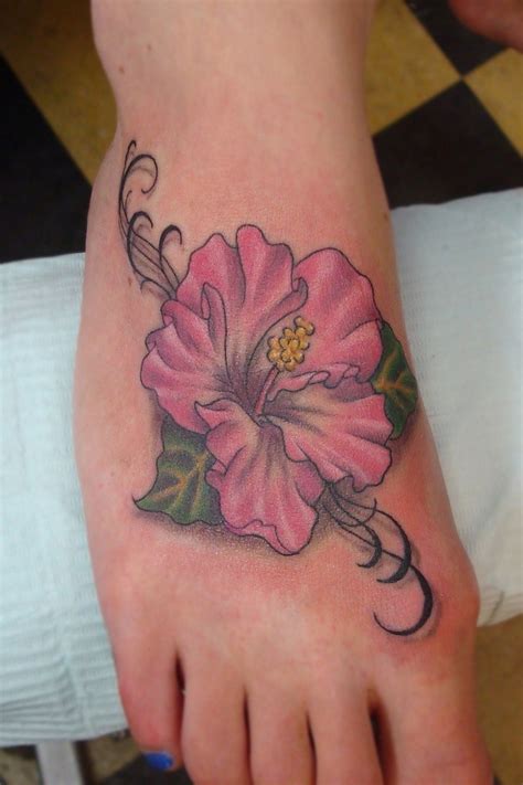 Amazing Pink Colored Hawaiian Flower Tattoo On Foot Tattooimages Biz