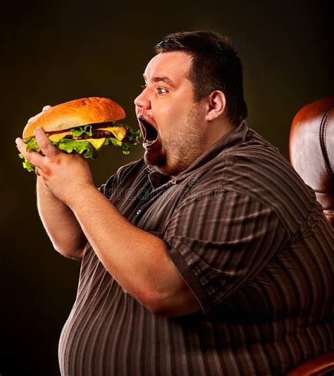 Fat Man Eating Fast Food Hamberger Breakfast For Overweight Person Stock Image Image Of